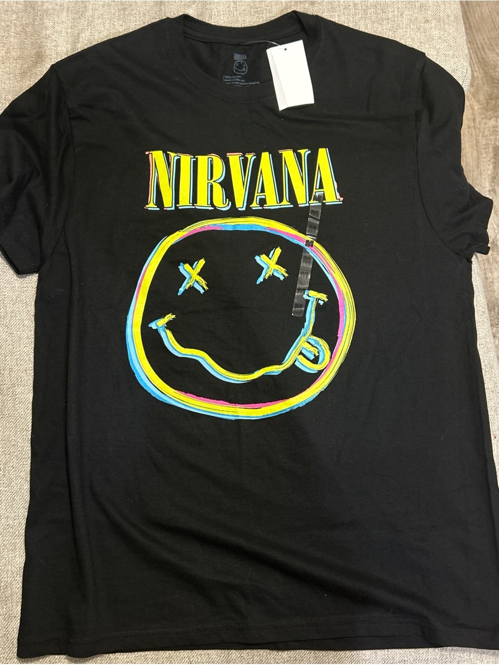 NIRVANA Black Tee with Faded Gray Smiley Print